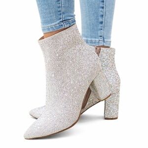 Betsey Johnson SB-Cady 8.5M Glittering Silver Heeled Booties